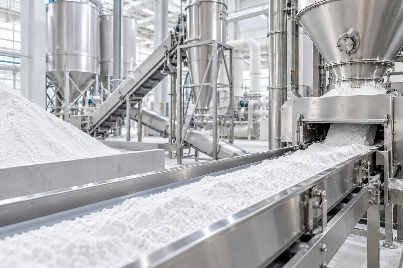 Fine calcium carbonate powder in a modern mineral processing facility