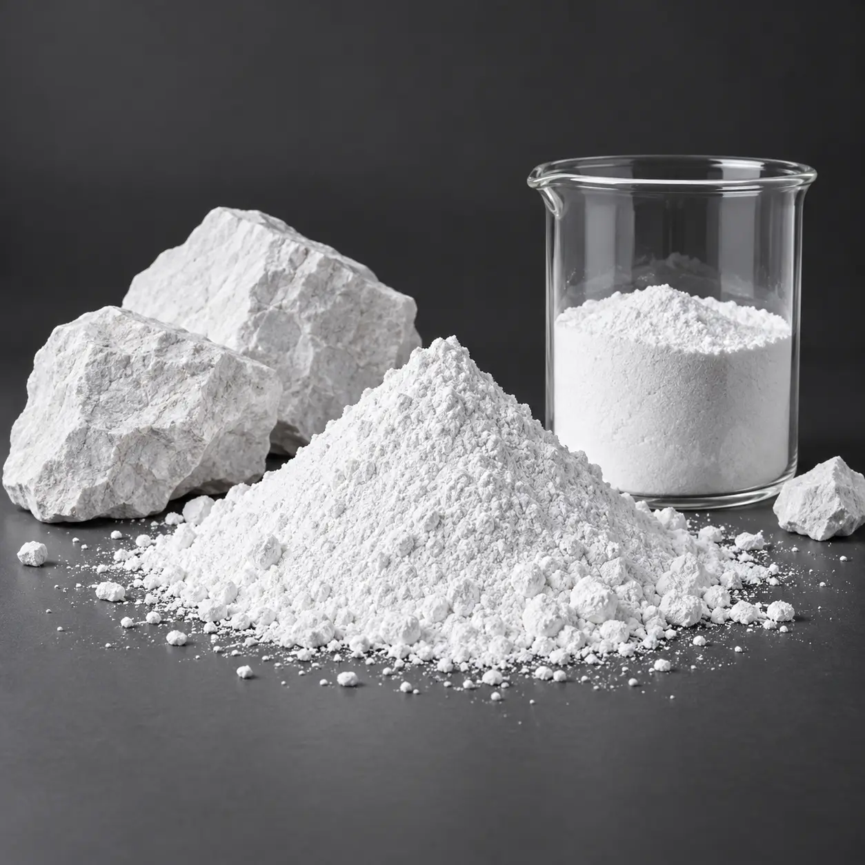 High-purity white calcium carbonate powder in a clean laboratory vessel