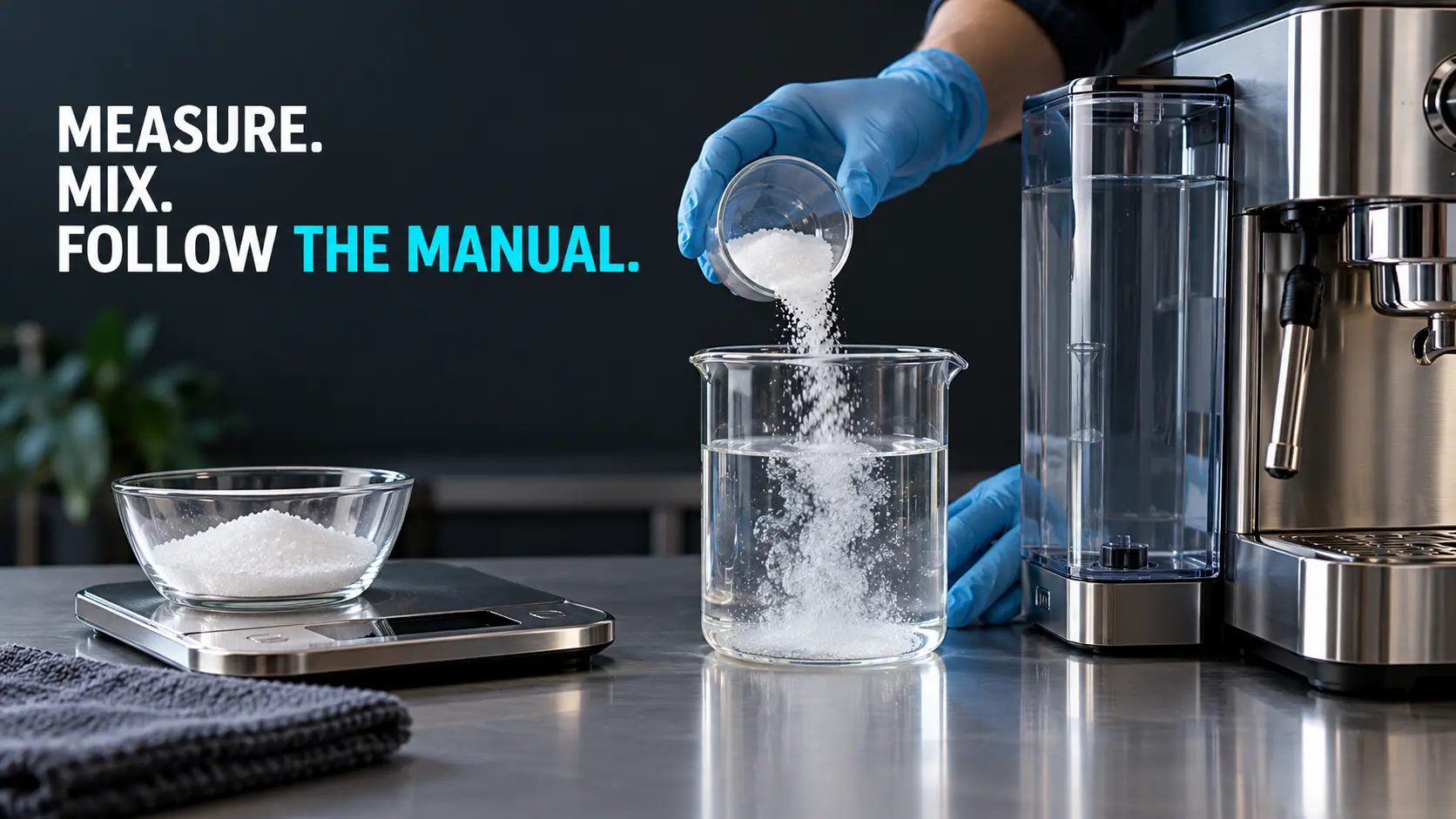 Measure. Mix. Follow the Manual. Measure and mix the approved product for citric acid coffee machine descaling