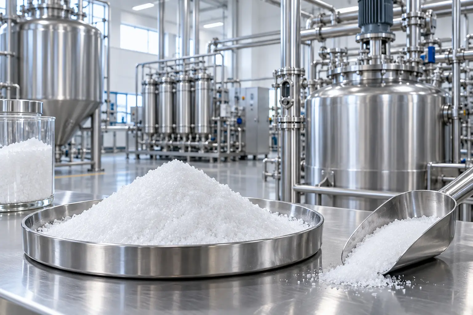 Fine glycine crystals in a modern clean chemical processing facility