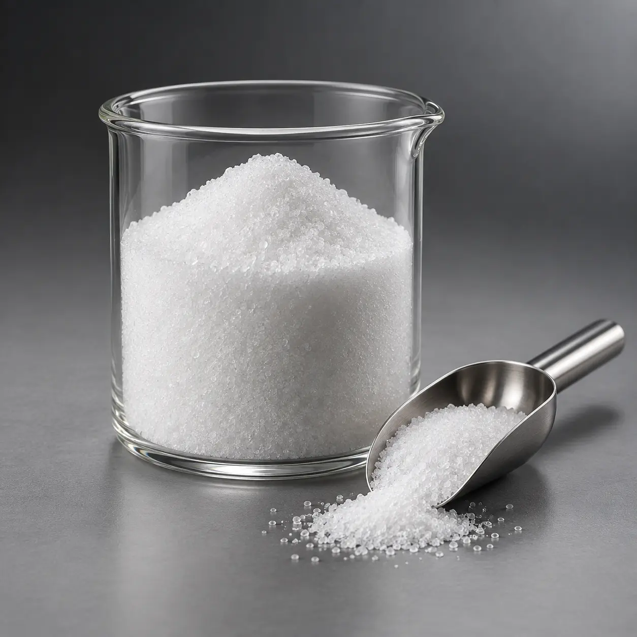 Fine white glycine crystals in a plain laboratory-grade glass vessel