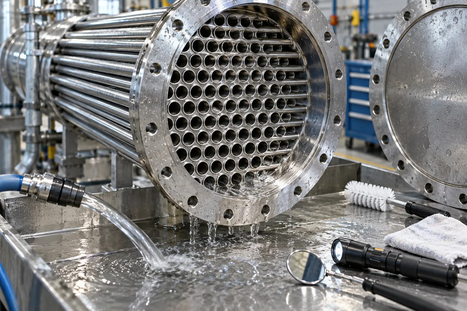 Heat Exchanger After Citric Acid Descaling Clean stainless-steel heat exchanger tubes after citric acid descaling