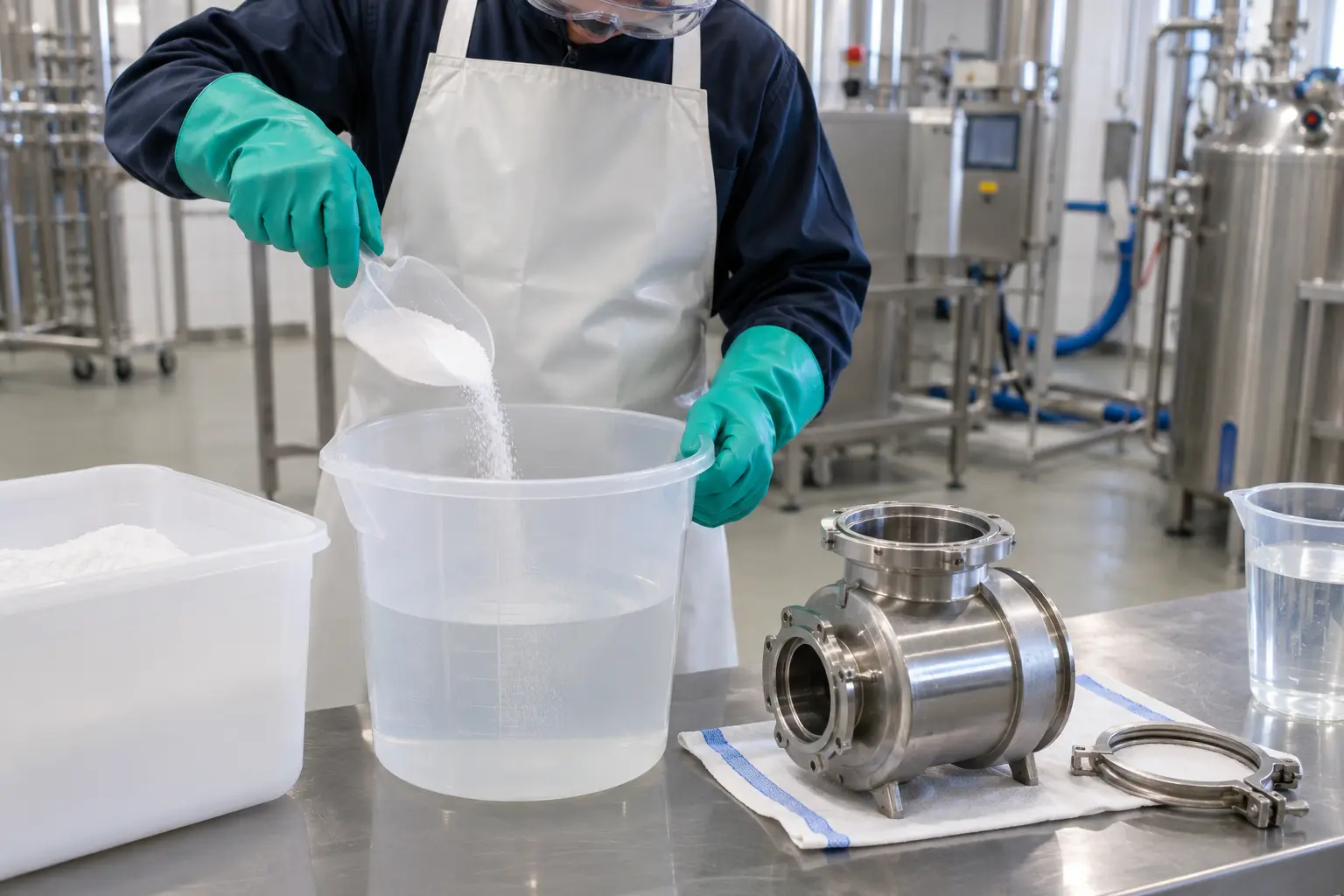Preparing Citric Acid Descaling Solution Technician preparing a citric acid descaling solution with protective equipment