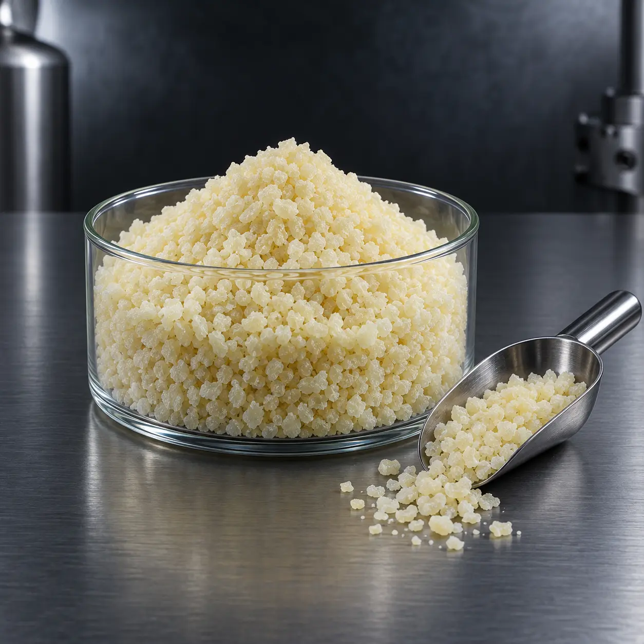 Pale sodium ethyl xanthate granules in a clean industrial laboratory vessel