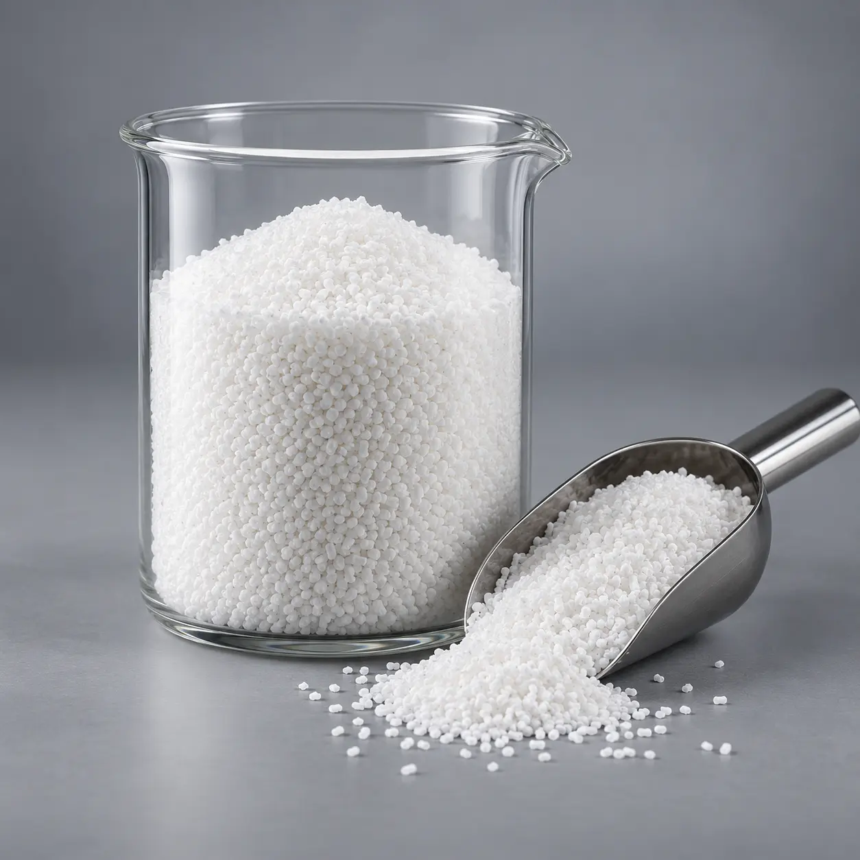 Fine white sodium sorbate granules in a clean laboratory vessel