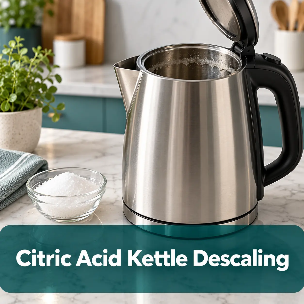 Citric acid kettle descaling: stainless steel kettle and citric acid crystals