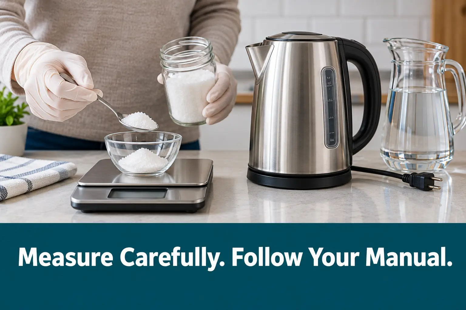 Measure Carefully. Follow Your Manual. Carefully measuring citric acid beside a kettle according to its manual