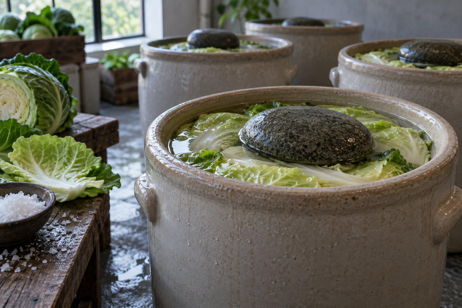 Equilibration during food fermentation Fermenting cabbage beneath brine in ceramic vessels as acidity reaches equilibrium