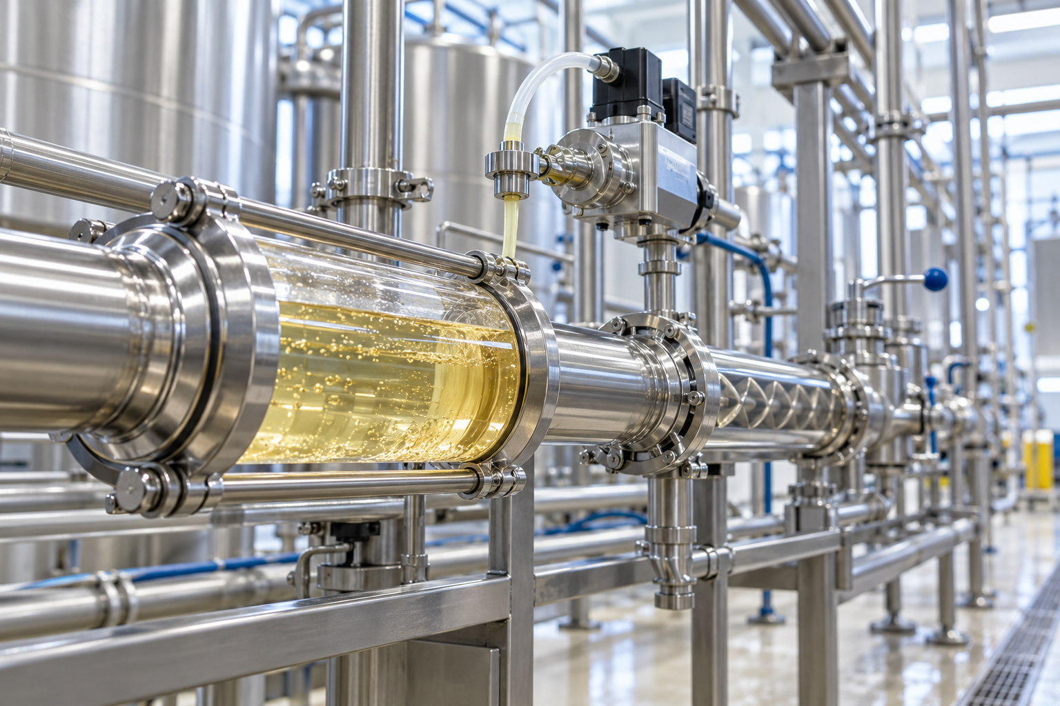Controlled dosing in beverage production pH control in food formulation on a beverage line with measured dosing into flowing juice