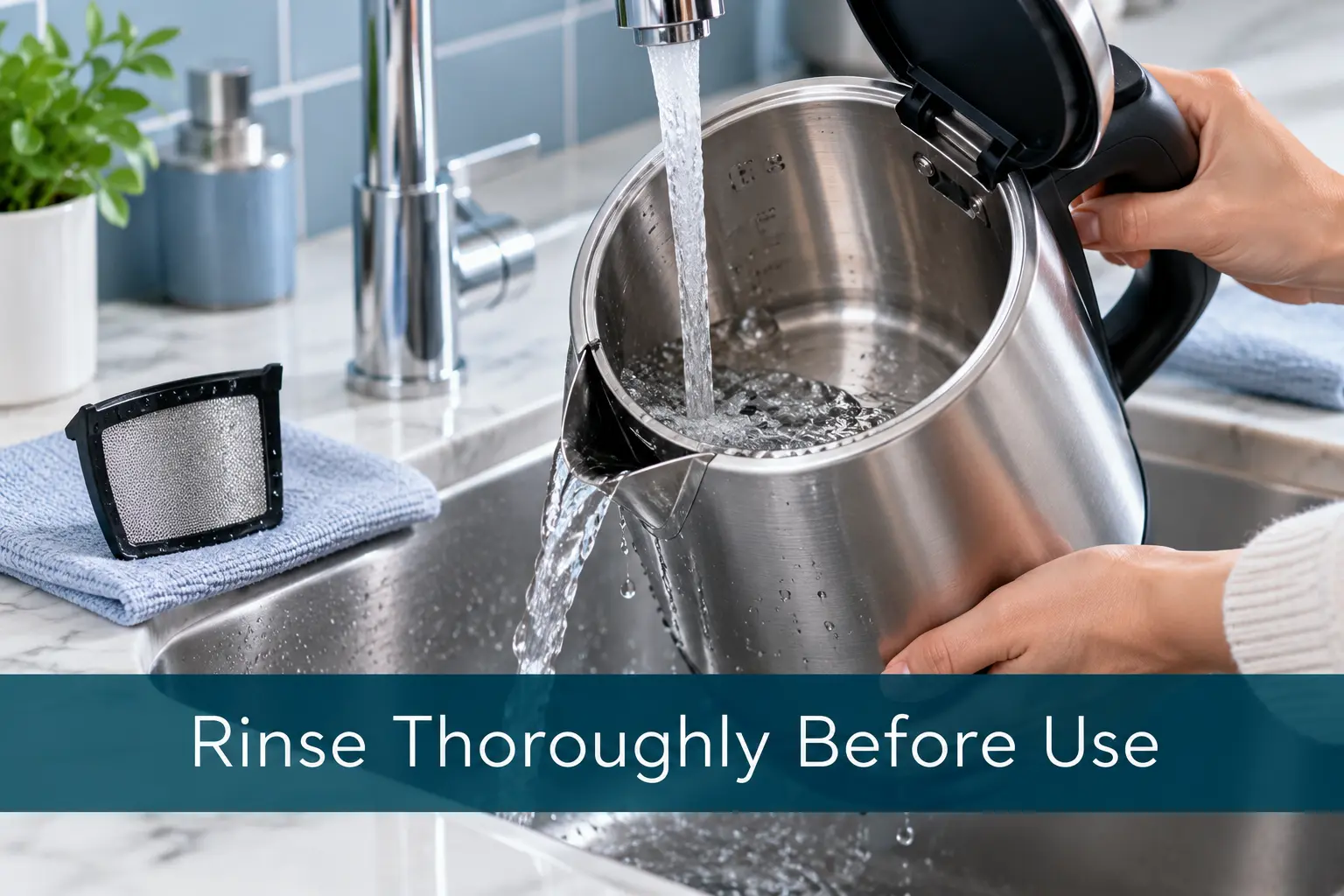 Rinse Thoroughly Before Use Rinsing a kettle and its removable filter after descaling