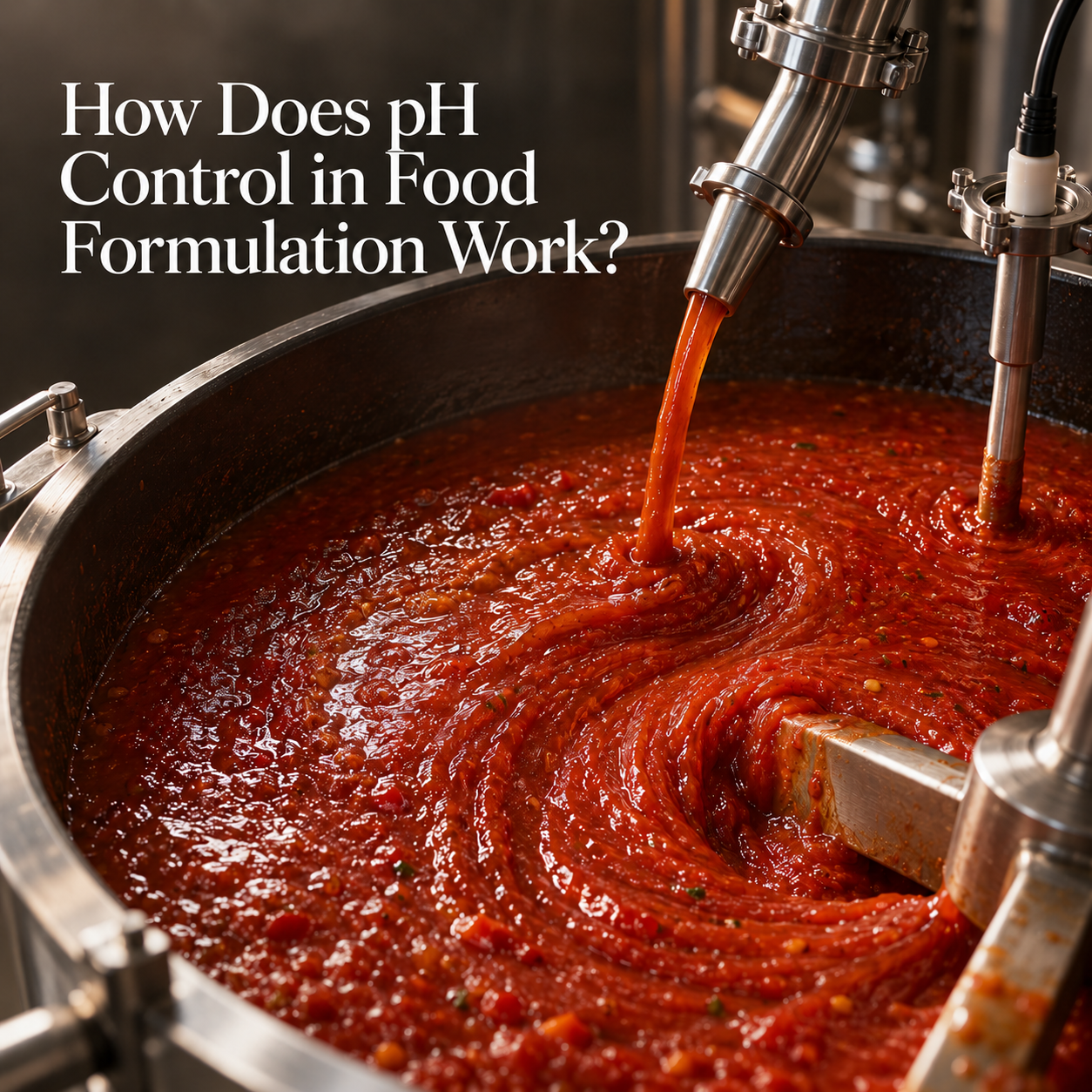 pH control in food formulation as tomato sauce is dosed in an industrial mixing vessel