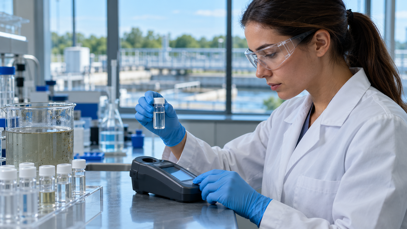 Technician measuring chlorine residual in wastewater after dechlorination