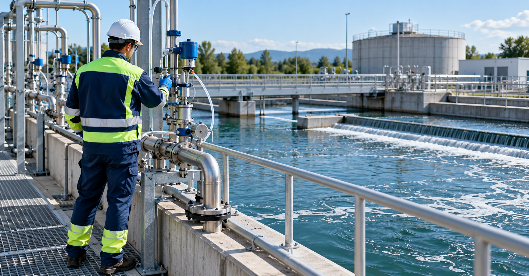 Wastewater operator checking dosing equipment for sodium metabisulfite dechlorination