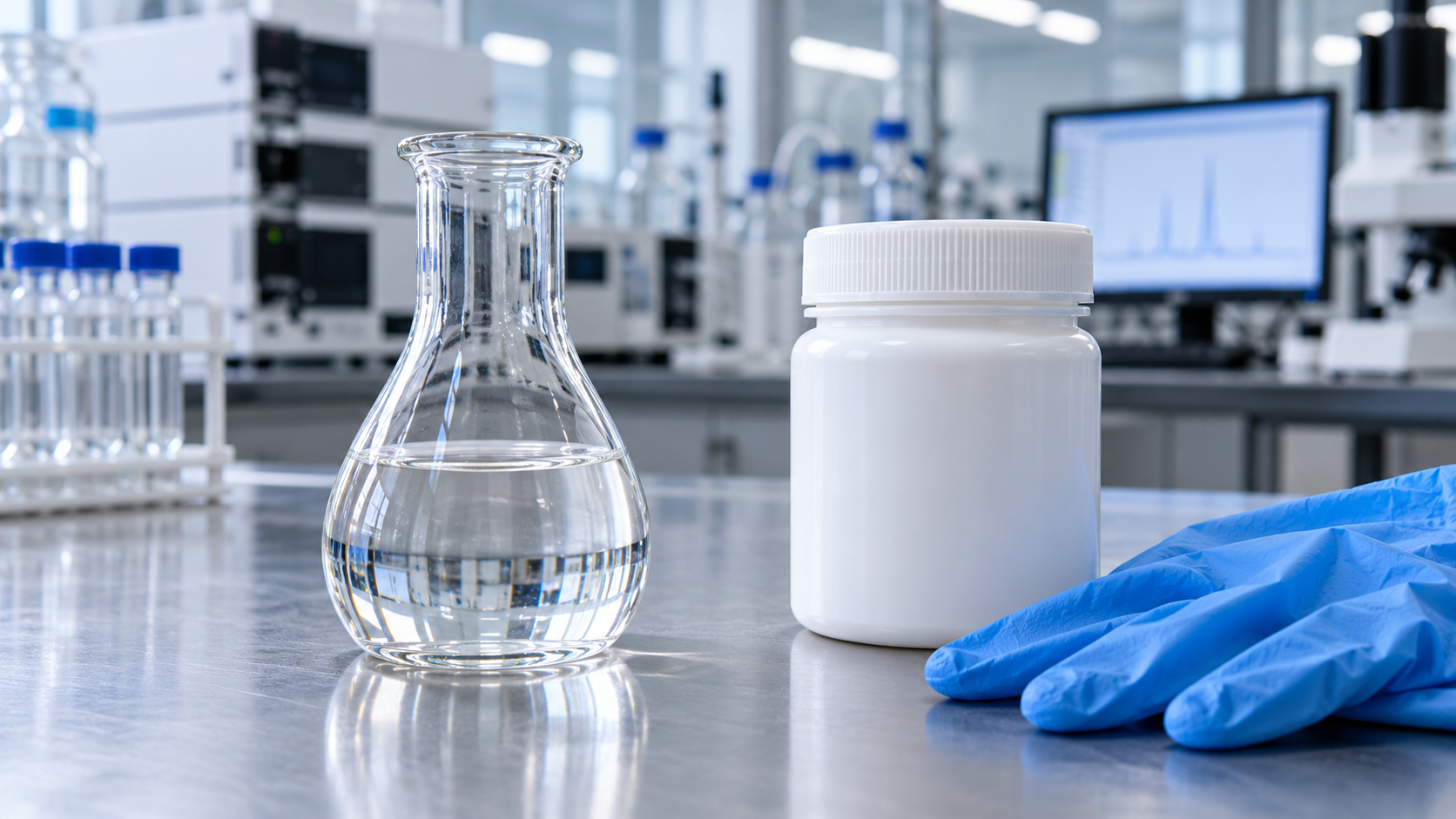Water sample in a laboratory for sodium metabisulfite for dechlorination evaluation