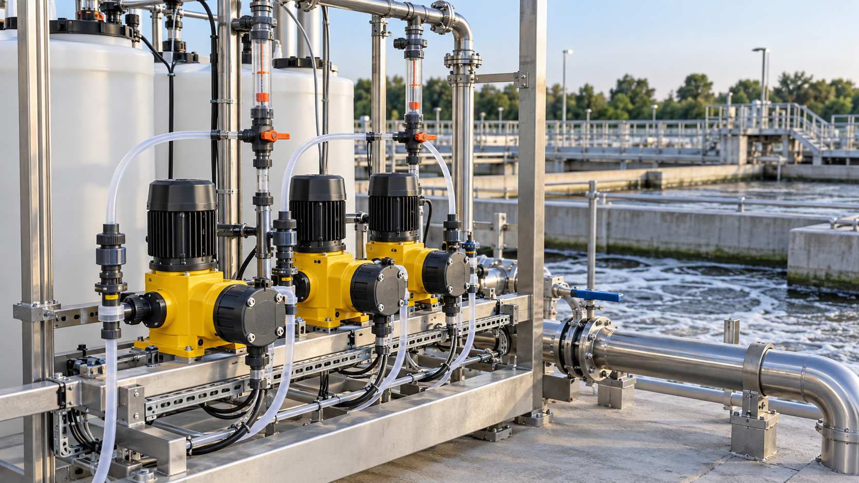 Metering pumps and stainless piping on a wastewater dechlorination dosing skid